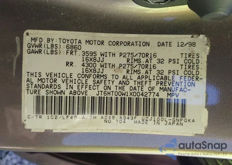 1999 Lexus Lx 470 z USA, uszkodzony, nr VIN JT6HT00W1X0042774